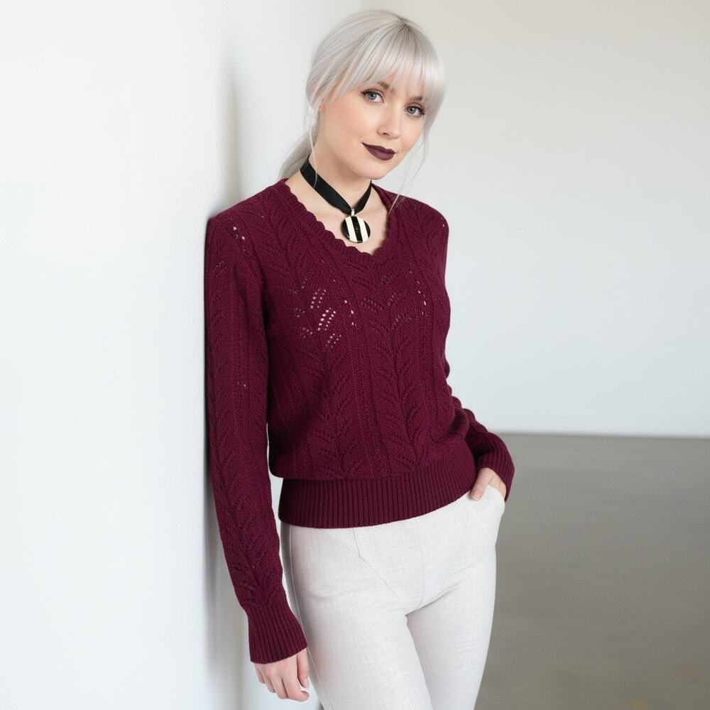 Vintage 80s Burgundy Crochet Knit Sweater Medium, Open Weave Ribbed Trim Top